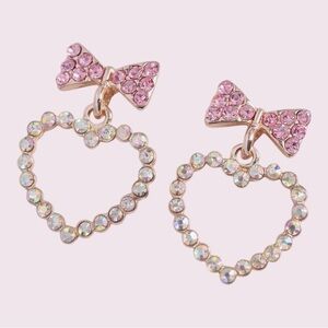 Pink Bow & Heart Dangle Earrings – Rhinestone Accents, Sweet Chic Style​​